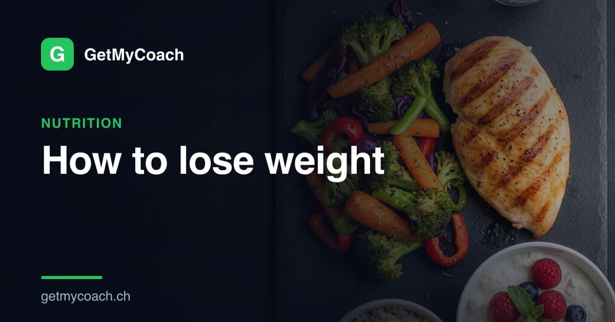A balanced everyday plate — grilled chicken, plenty of vegetables and a modest portion of rice — on a dark GetMyCoach background; cover graphic for the honest guide to losing weight.