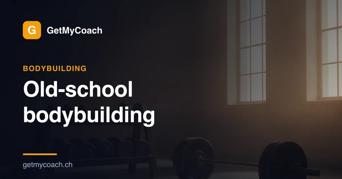 A vintage-toned iron gym — a loaded barbell and dumbbells racked under warm dramatic light — cover graphic for the GetMyCoach article on Golden Era, old-school bodybuilding.