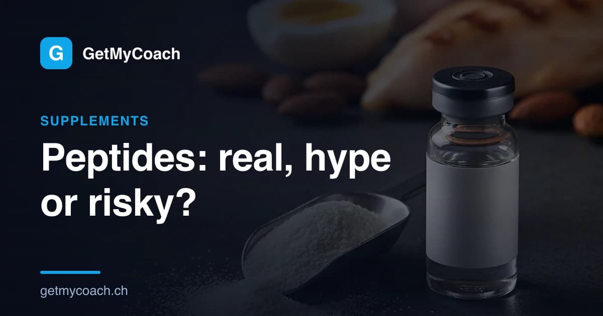 A close, moody shot of a single unlabelled supplement vial and a scoop of collagen powder on a dark surface — cover graphic for the honest GetMyCoach guide to peptides in fitness.