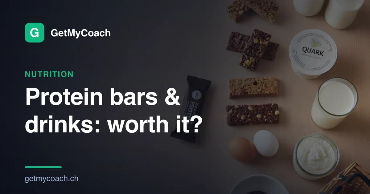 An honest flat-lay of protein bars and protein drinks next to whole-food protein sources like quark, milk and eggs — GetMyCoach Swiss supermarket buying guide.