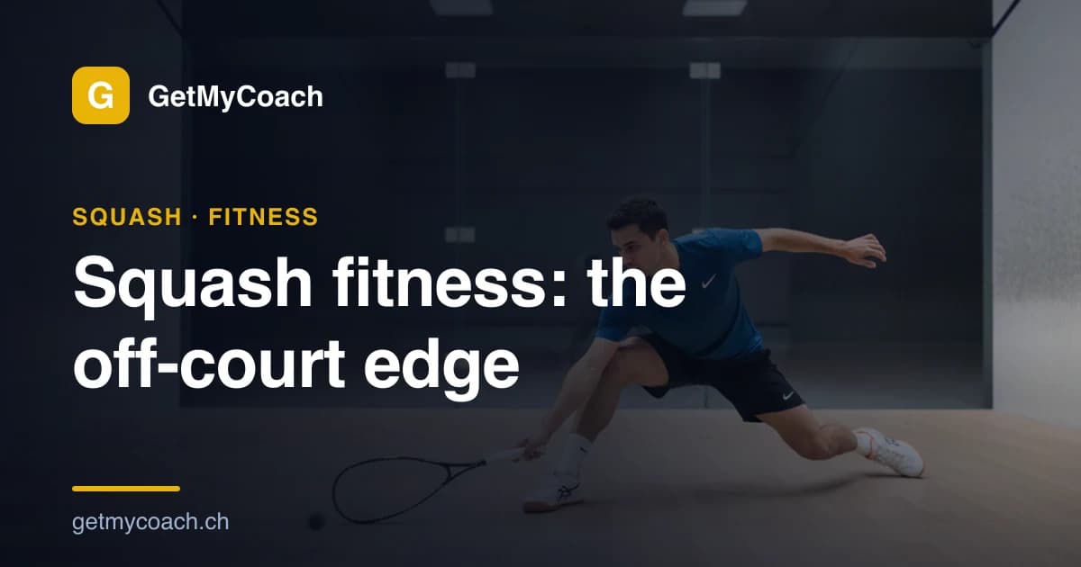 A squash player lunging deep into the front corner of a glass-backed court under bright light — cover graphic for the GetMyCoach guide to off-court squash fitness.