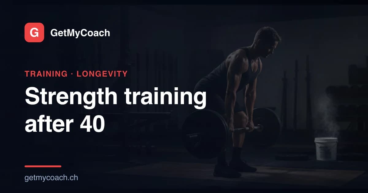 A fit person in their forties gripping a loaded barbell in a strength-gym under dramatic light — cover graphic for the GetMyCoach article on strength training after 40 as biological age-proofing.