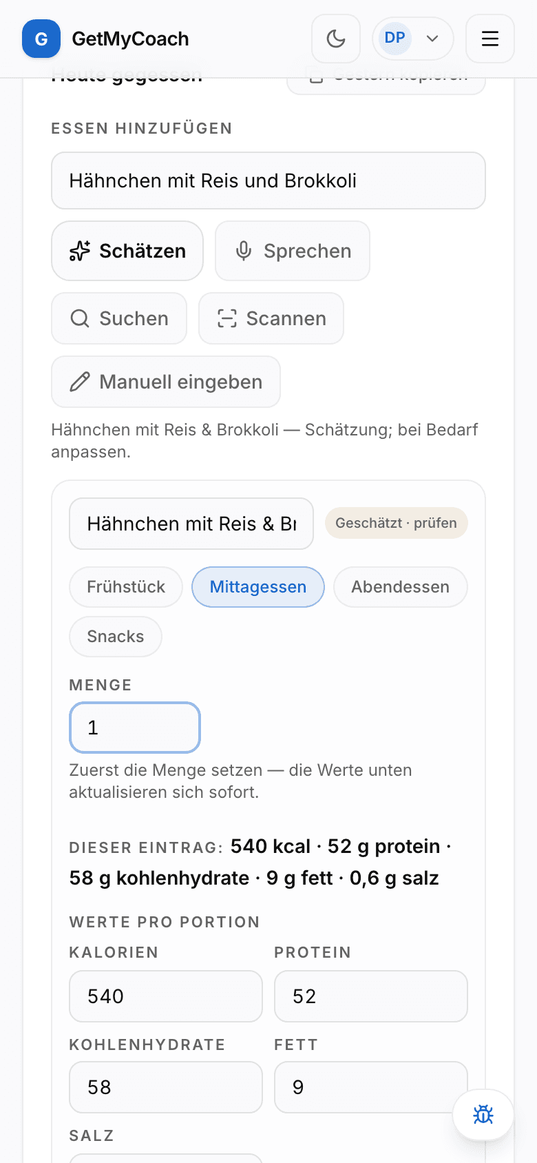 Der GetMyCoach Essens-Logger schätzt die Makros für eine beschriebene Mahlzeit