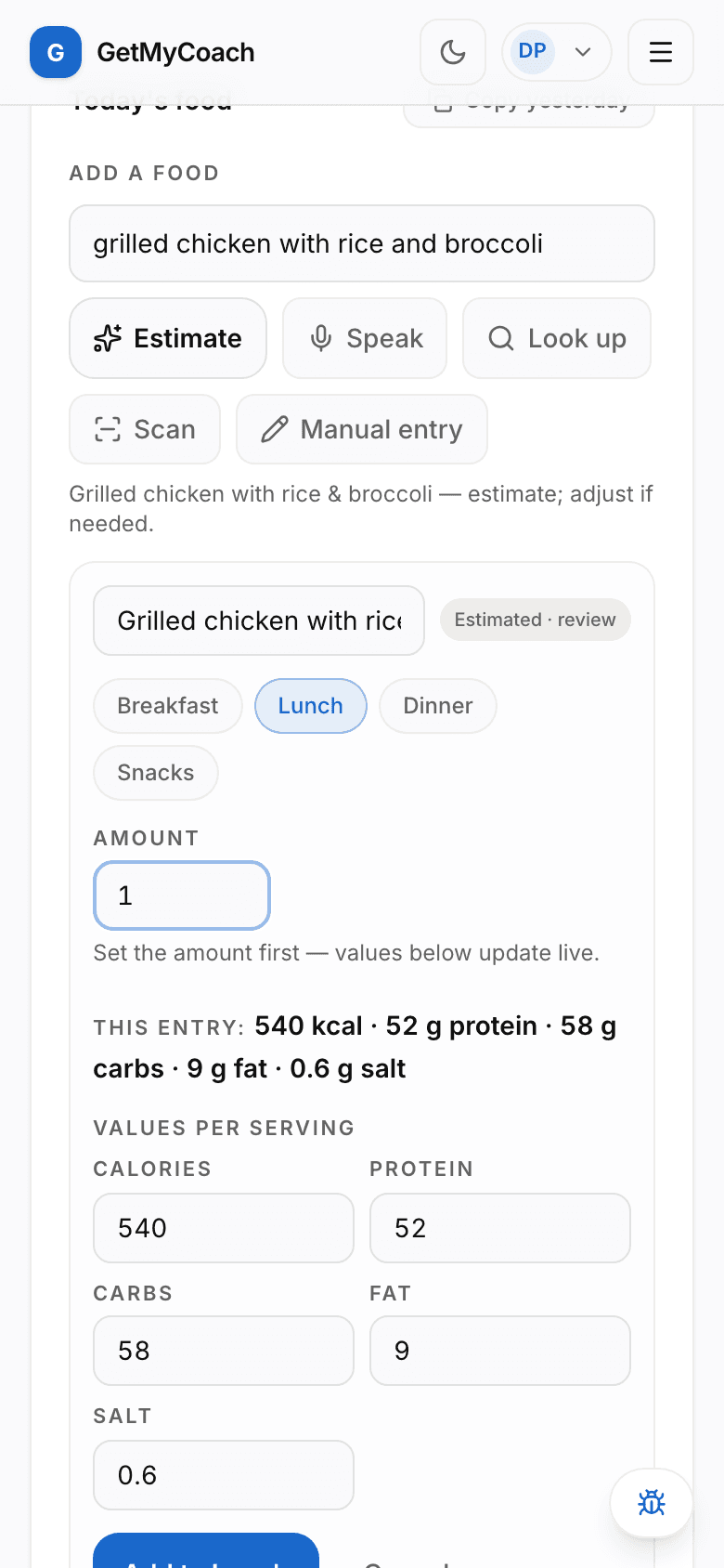The GetMyCoach food logger estimating macros for a described meal