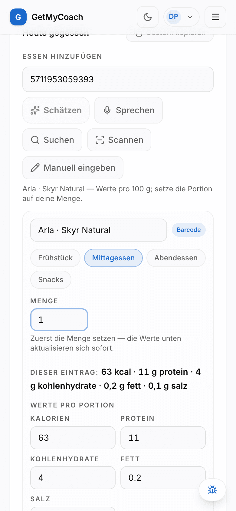 Der GetMyCoach Essens-Logger zeigt geprüfte Makros aus einem gescannten Barcode