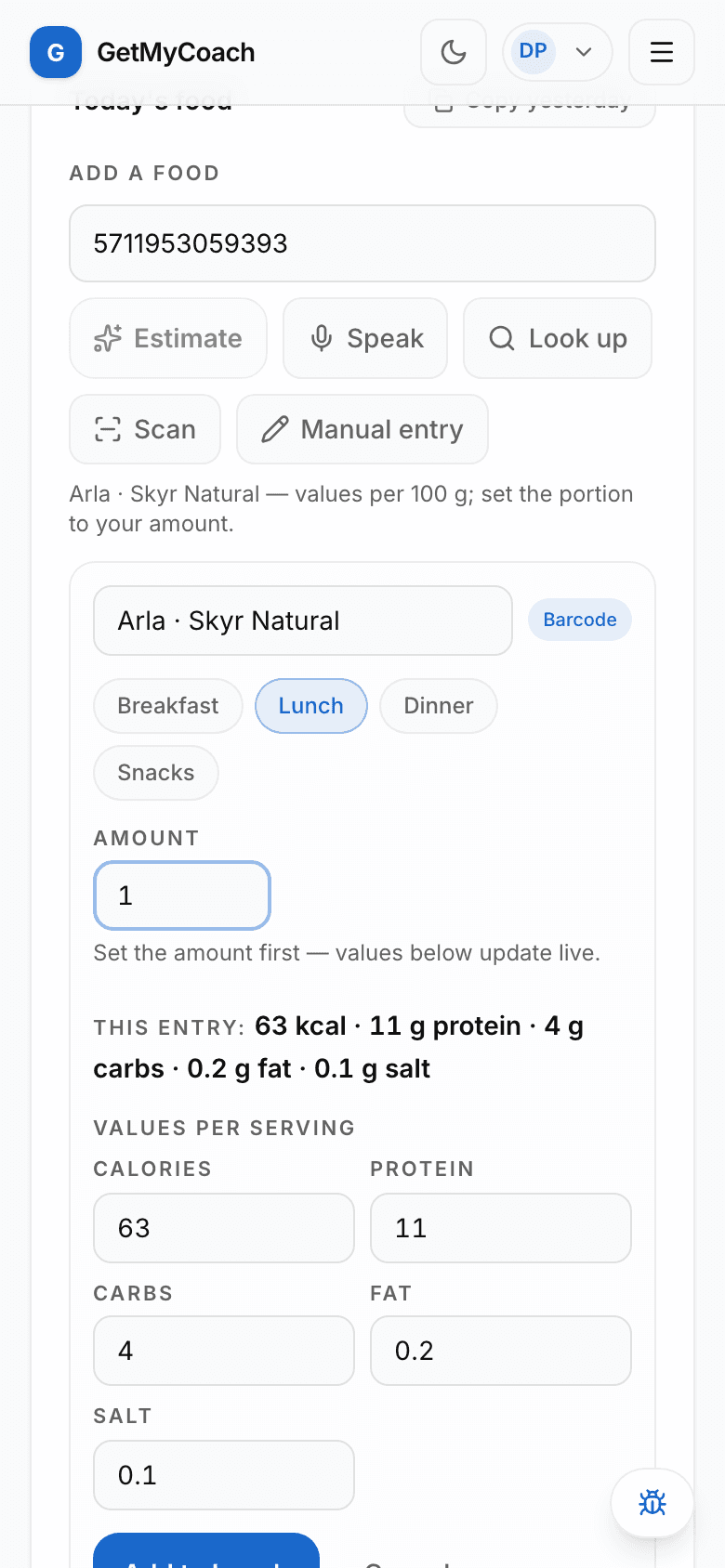 The GetMyCoach food logger showing verified macros from a scanned barcode