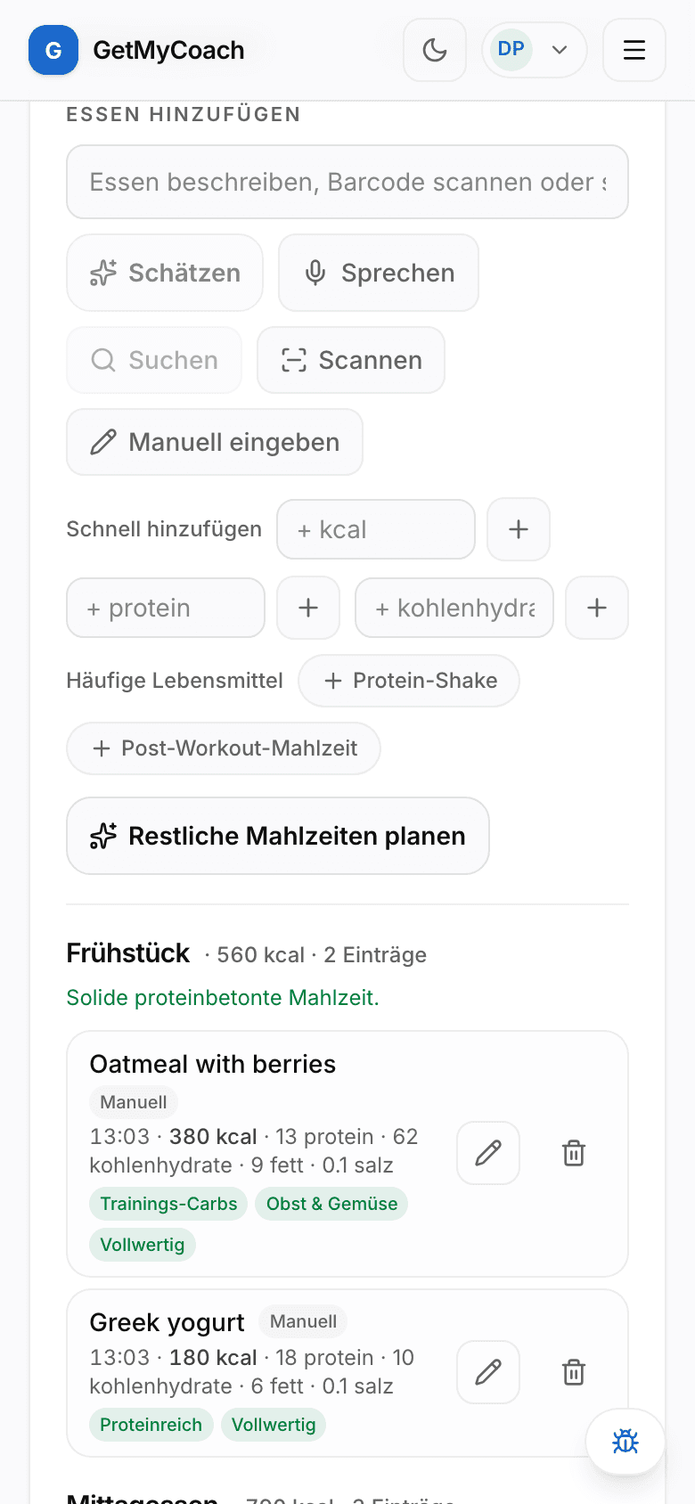 Das GetMyCoach Ernährungsprotokoll mit Chips pro Eintrag und einem Verdict pro Mahlzeit