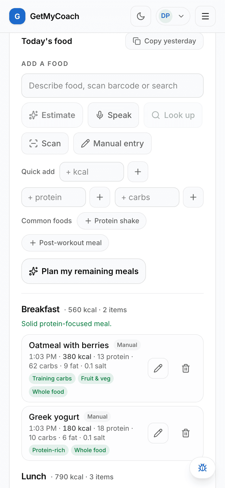 The GetMyCoach food log with per-item nutrition chips and a per-meal verdict