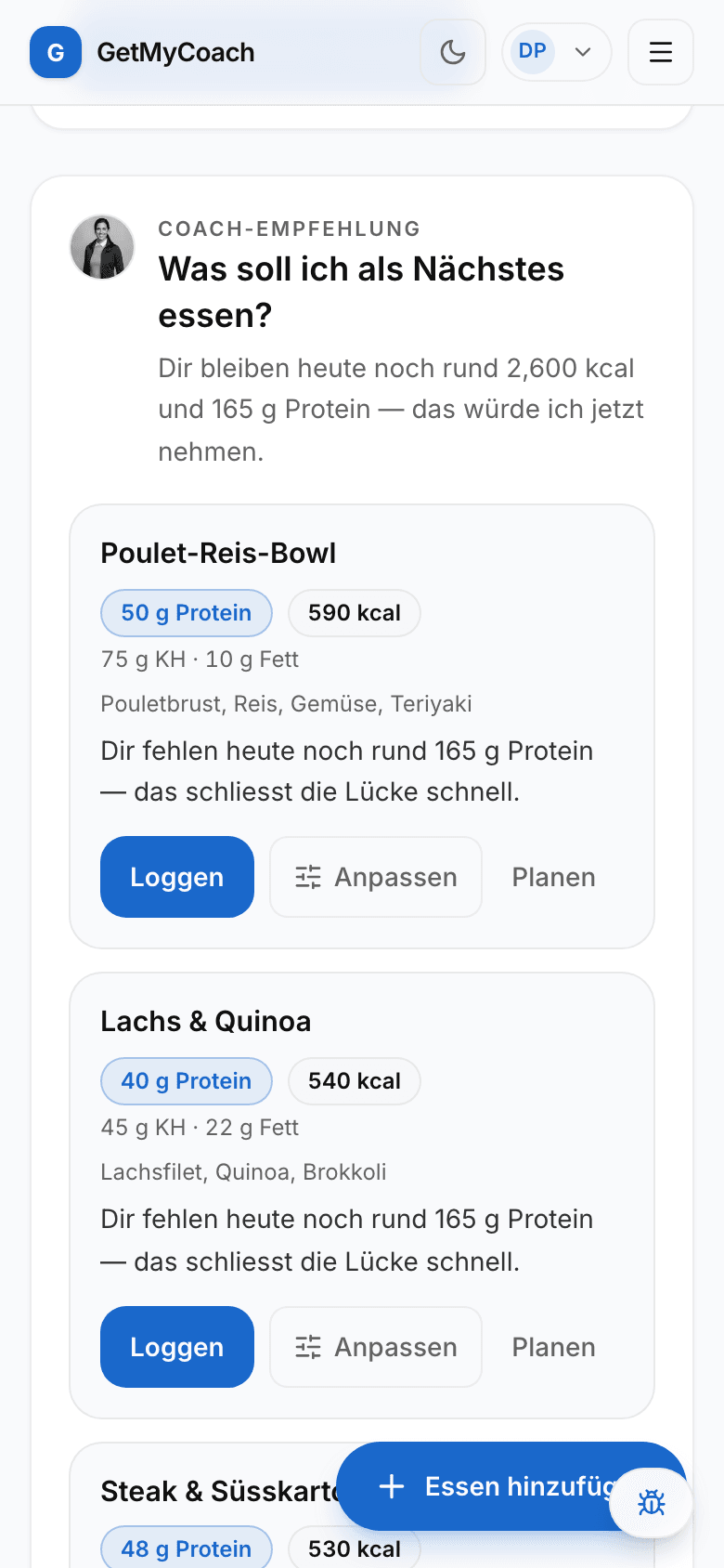 Die GetMyCoach-Karte mit zwei bis drei konkreten Mahlzeiten, die zu den restlichen Kalorien und dem Protein des Tages passen