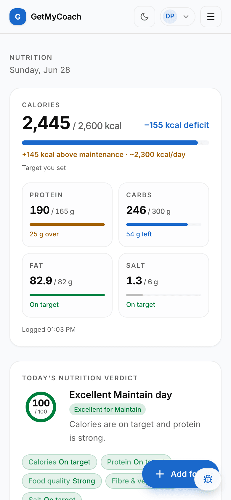 The GetMyCoach nutrition screen on a phone — today's calorie and protein targets, the daily Coach Verdict score, and the logged foods