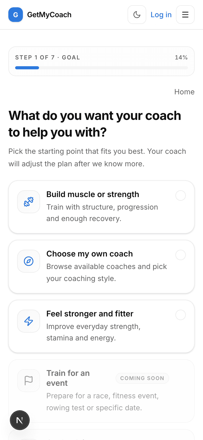 GetMyCoach goal selection screen with training goal options