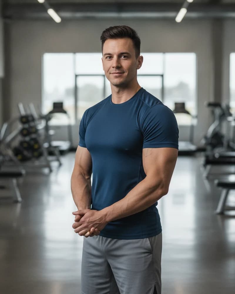 An athletic man with a fit, defined build in a fitted t-shirt in a modern gym.