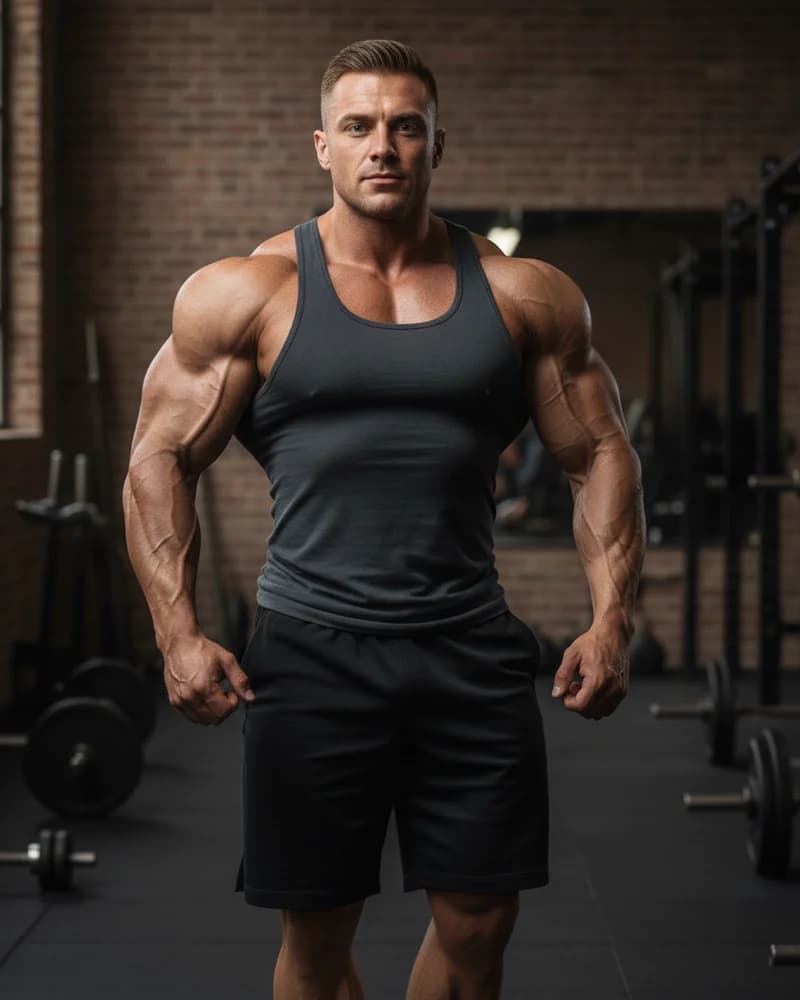 A large, muscular man with a classic bodybuilder physique in a tank top in a brick gym.
