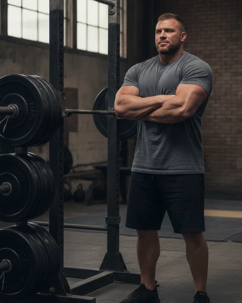 A big, powerful, thick-set strong man standing beside a loaded barbell in a strength gym.