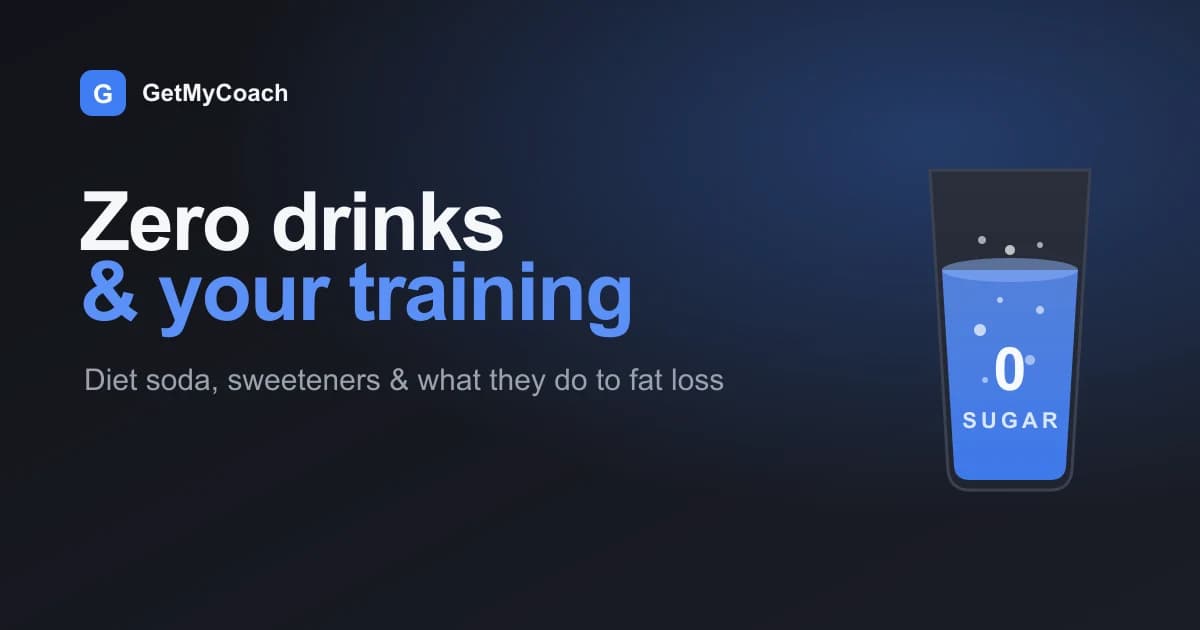 A glass of a clear fizzy drink marked "0 sugar" on a dark GetMyCoach background — cover graphic for the article on zero-calorie drinks and training.