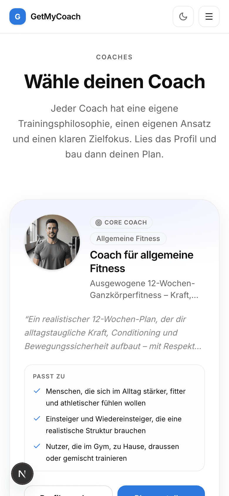 Die GetMyCoach-Coach-Bibliothek auf dem Smartphone mit spezialisierten Coaches und ihren Philosophien