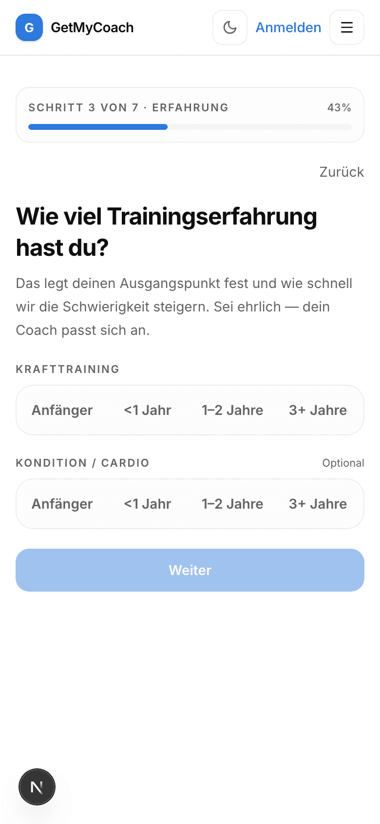 GetMyCoach-Onboarding-Schritt zur Erfahrung — deine Trainingserfahrung für Kraft und Kondition