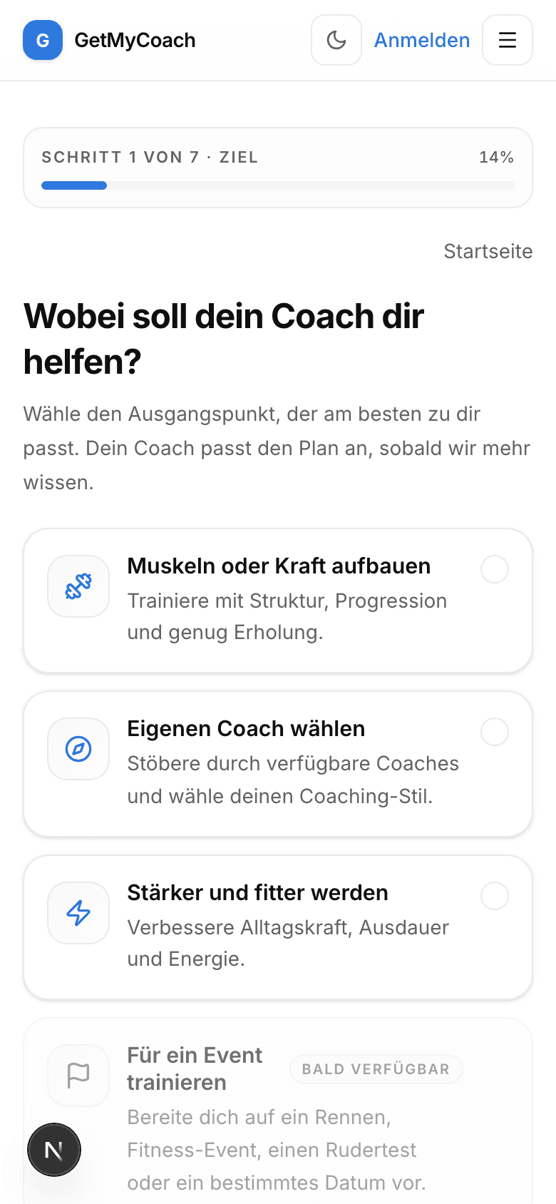 GetMyCoach-Bildschirm zur Zielauswahl mit Trainingszielen