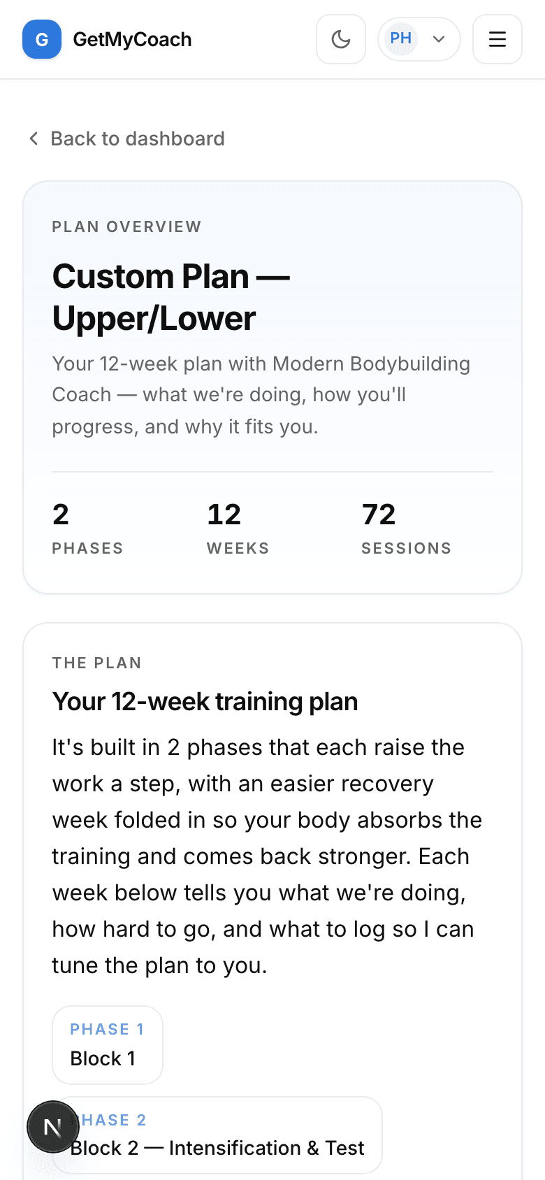 A GetMyCoach plan explanation on a phone — the coach's reasoning and how the plan fits the athlete
