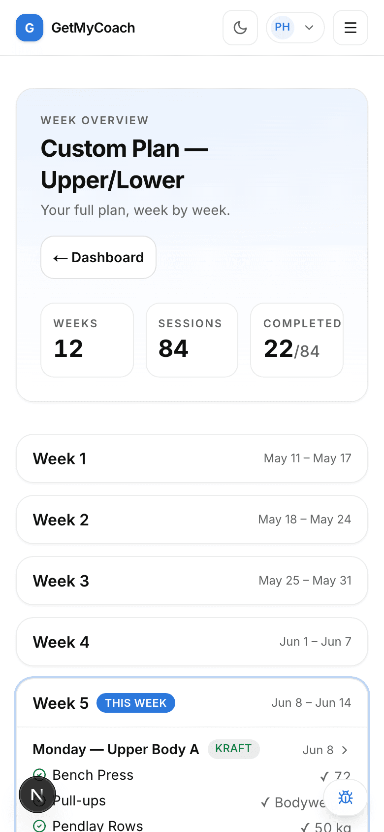 Die GetMyCoach App auf einem Smartphone mit einer Trainingswoche und ihren geplanten Einheiten