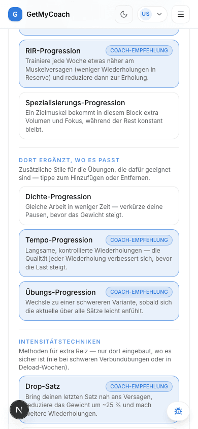 GetMyCoach-Planseite auf dem Smartphone — Auswahl zwischen Bodybuilding-Progressionsmethoden mit deinem Coach