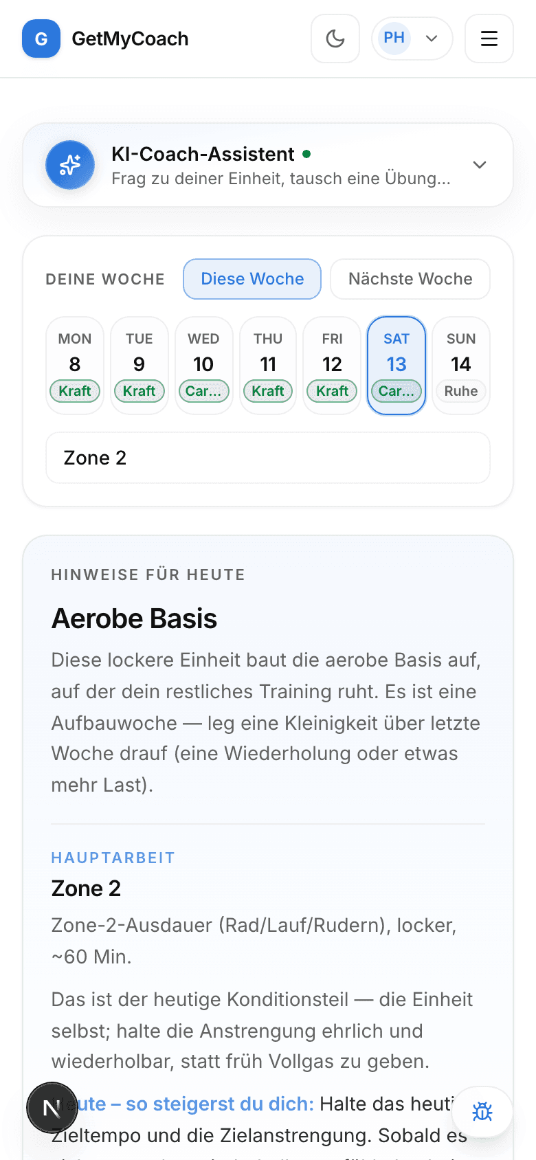 Ein GetMyCoach-Trainingstag auf dem Smartphone — die Woche, die heutige Anleitung und die Hauptarbeit