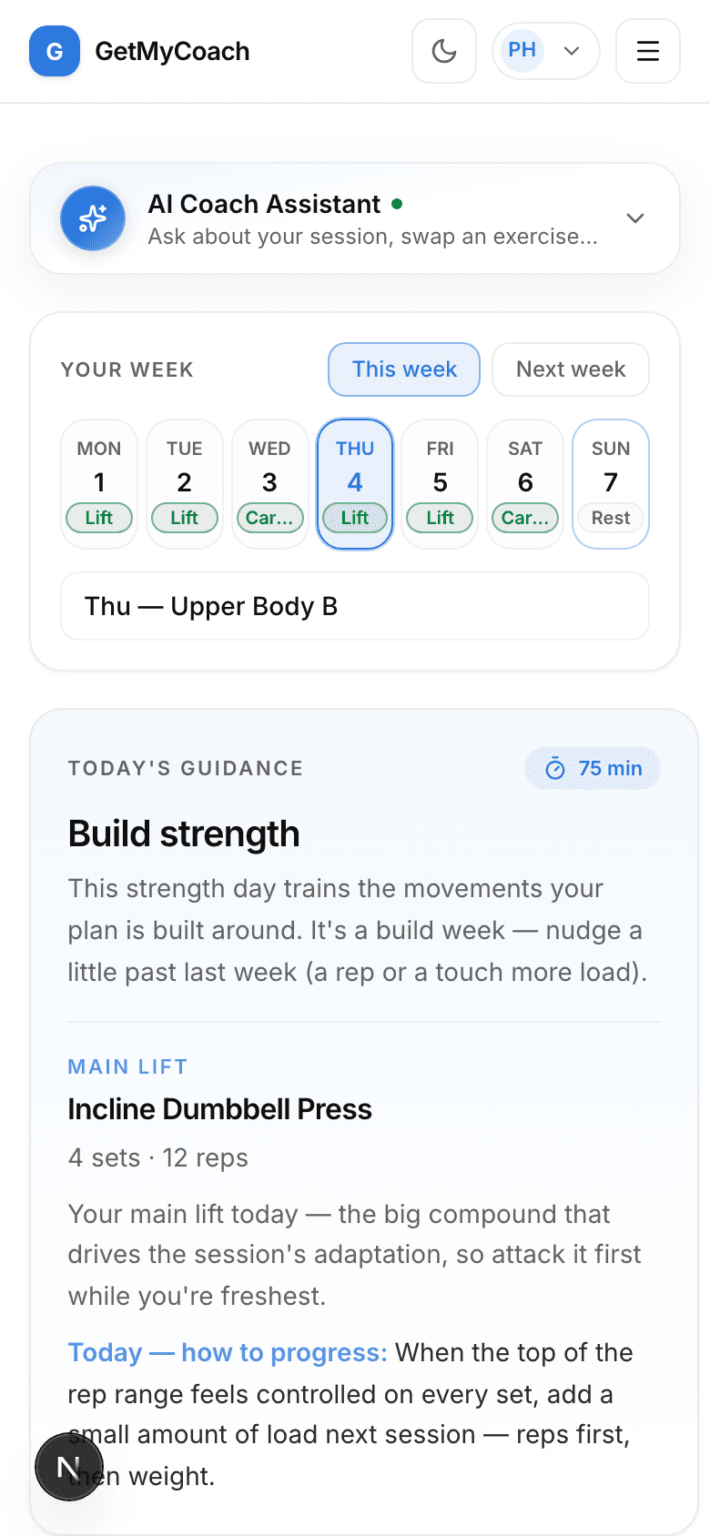 A GetMyCoach training session on a phone — today's guidance and the main work